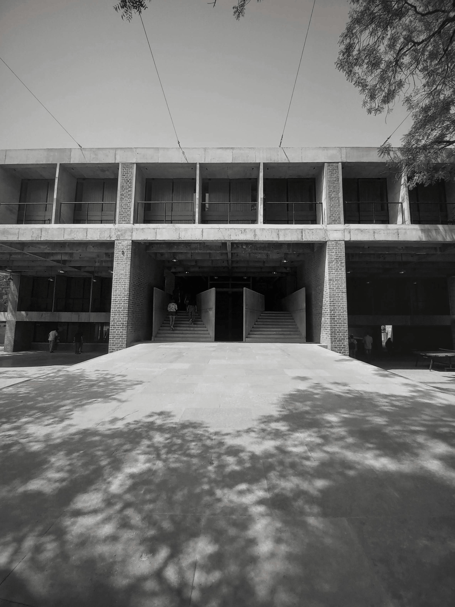 Full exterior of CEPT with open ground floor and tree shadows
