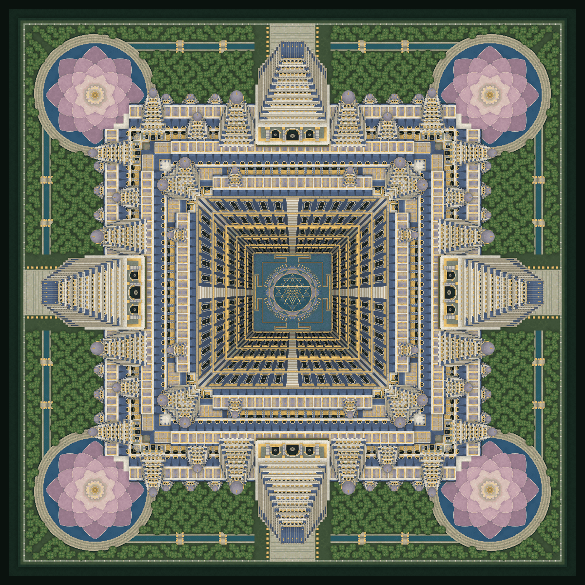 Aham Brahmasmi: a square temple and descending well around a gold Sri Yantra, with four lotus ponds
