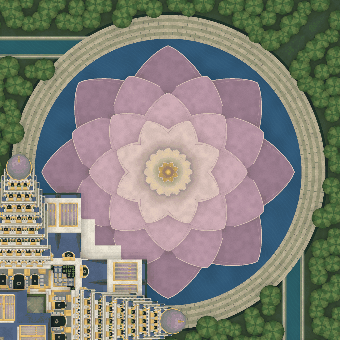 Muted pink and ivory lotus geometry floating in blue water