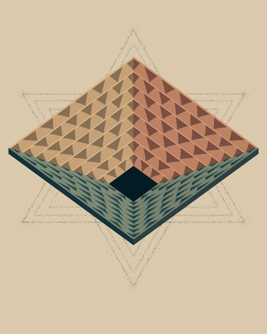 A stepped form suspended in a fine geometric field