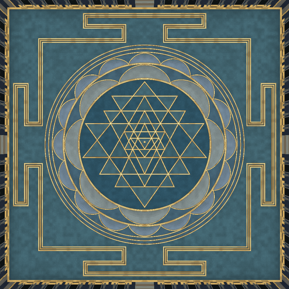 Gold Sri Yantra inscribed into the mineral blue precinct