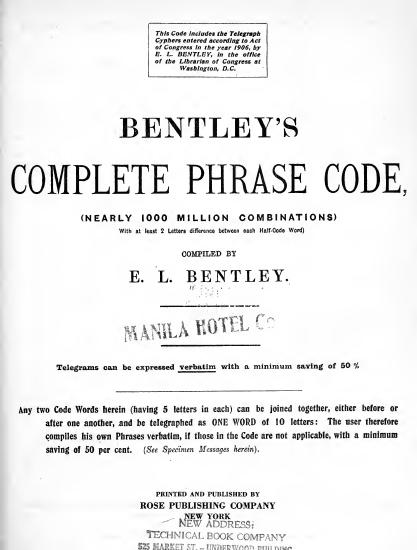 Scanned opening page of Bentley's complete phrase code (nearly 1000 million combinations) with at least 2 letters difference between each half-code word)