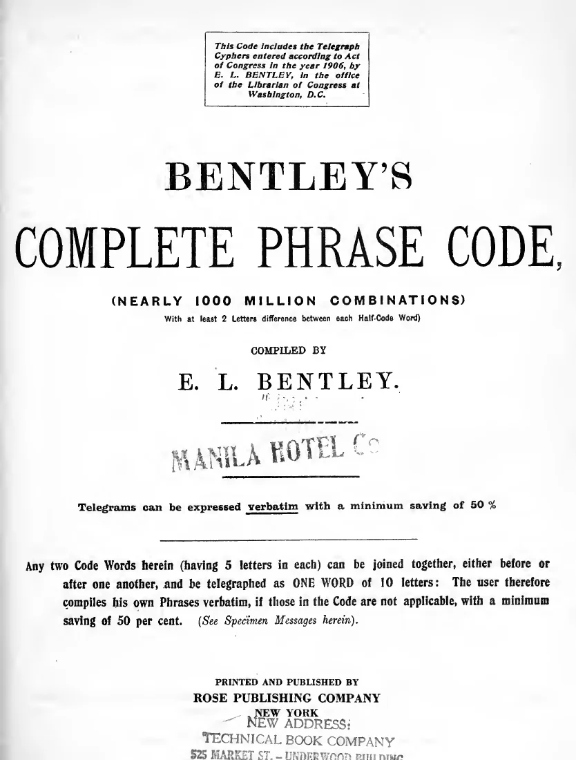 Scanned cover or opening page of Bentley's complete phrase code (nearly 1000 million combinations) with at least 2 letters difference between each half-code word)