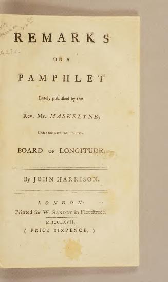 Scanned opening page of Remarks on a pamphlet lately published by the Rev. Mr. Maskelyne, under the authority of the Board of Longitude. By John Harrison