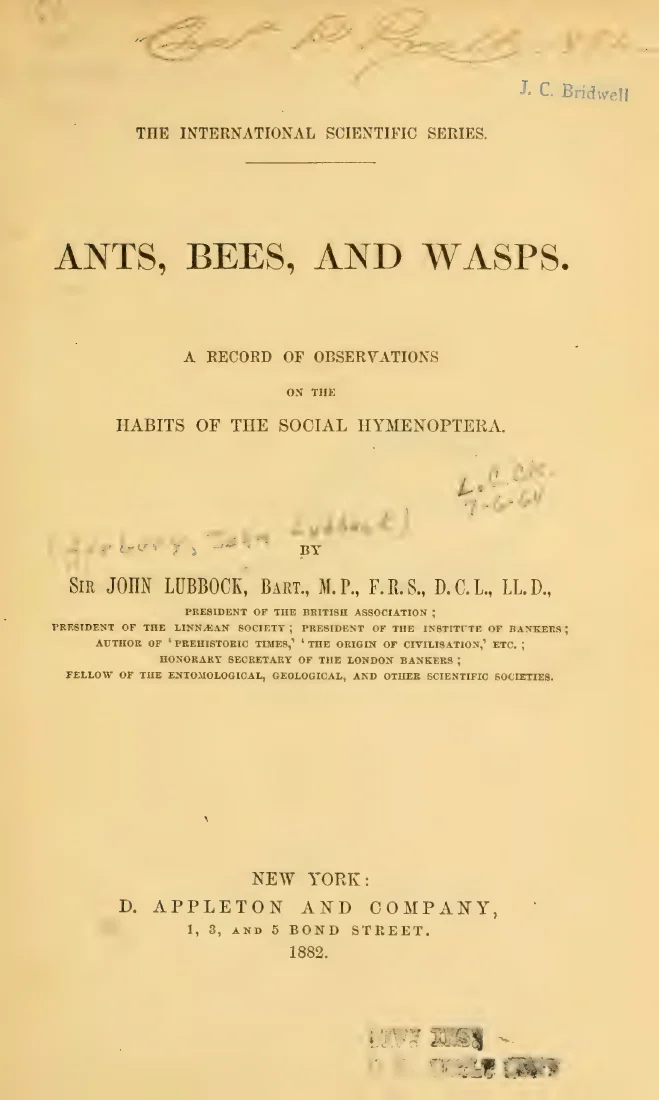 Scanned cover or opening page of Ants, bees, and wasps. A record of observations on the habits of the social Hymenoptera