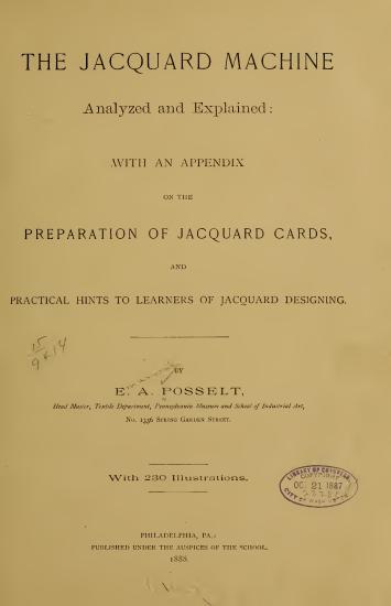 Scanned opening page of The Jacquard machine analyzed and explained: with an appendix on the preparation of Jacquard cards