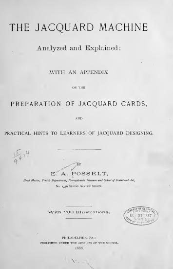 Scanned opening page of The Jacquard machine analyzed and explained: with an appendix on the preparation of Jacquard cards