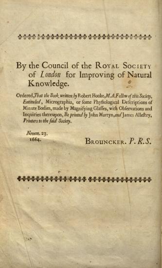 Scanned opening page of Micrographia, or, Some physiological descriptions of minute bodies made by magnifying glasses ?with observations and inquiries thereupon /by R. Hooke ...