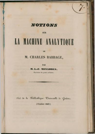 Scanned opening page of Notions sur la machine analytique de M. Charles Babbage