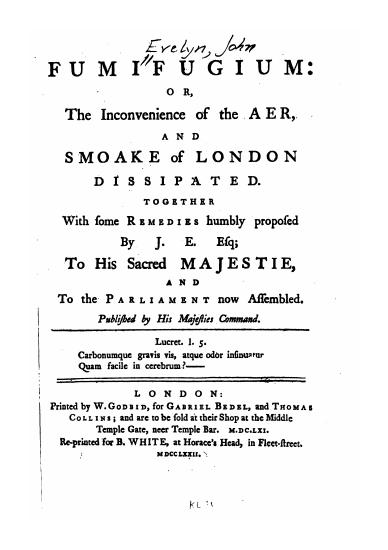 Scanned opening page of Fumifugium; Or, the Inconvenience of the Aer and Smoake of London