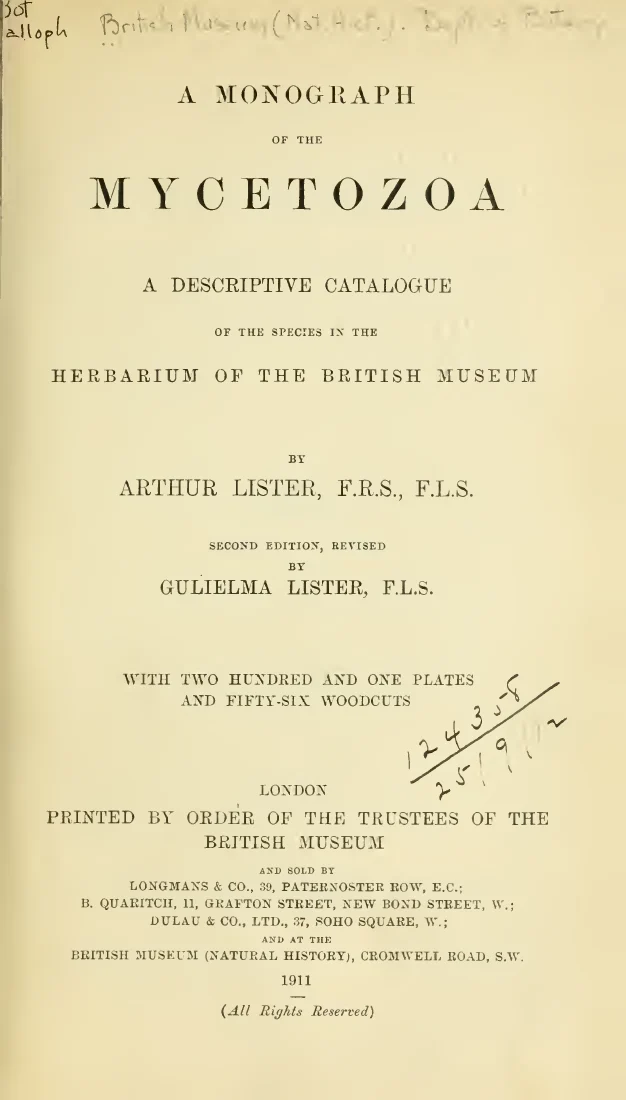 Scanned cover or opening page of A monograph of the Mycetozoa : a descriptive catalogue of the species in the Herbarium of the British Museum