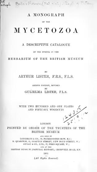 Scanned opening page of A monograph of the Mycetozoa : a descriptive catalogue of the species in the Herbarium of the British Museum