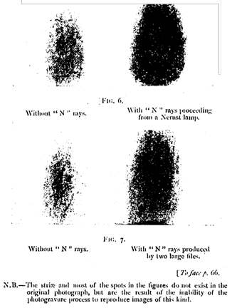 "Registration by Photography of the Action Produced by N Rays on a Small Electric Spark", from Blondlot's 1904 work.