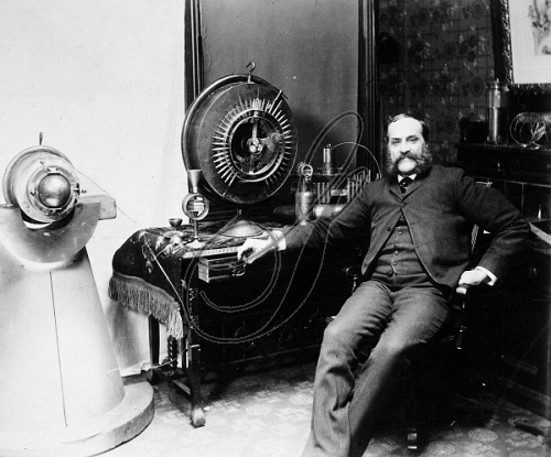 John Ernst Worrell Keely with one of his engines, about 1895.
