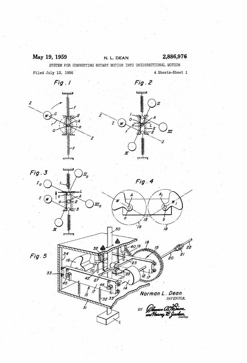 Opening drawing sheet of US Patent 2,886,976, showing the eccentric-mass rotary-to-unidirectional motion mechanism.