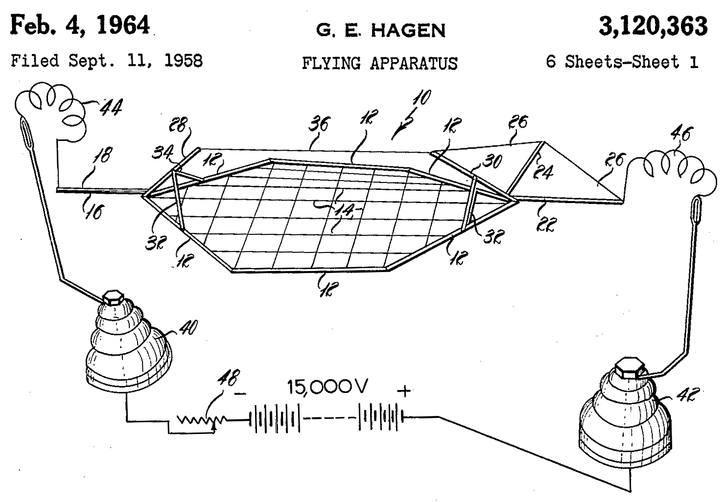 Drawing from US Patent 3,120,363, 'Flying apparatus', an electrostatic lifting-craft design from the Brown lineage.